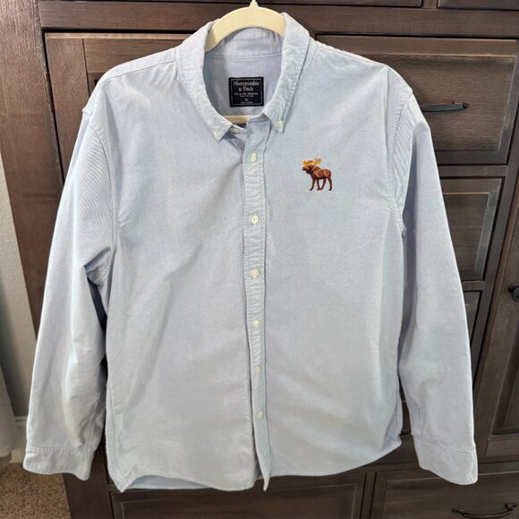 Abercrombie & Fitch Men’s Oxford Shirt Blue Long Sleeve Button Down Moose Logo X - Picture 7 of 8